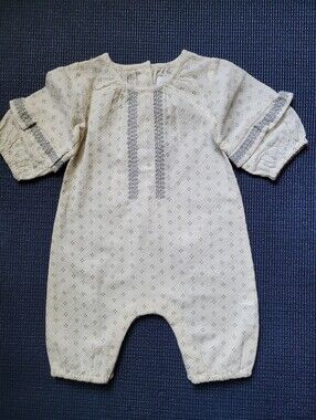Zara Ecru Eyelet Baby One-Piece with Gray Embroidered Trim 100% Cotton- Newborn